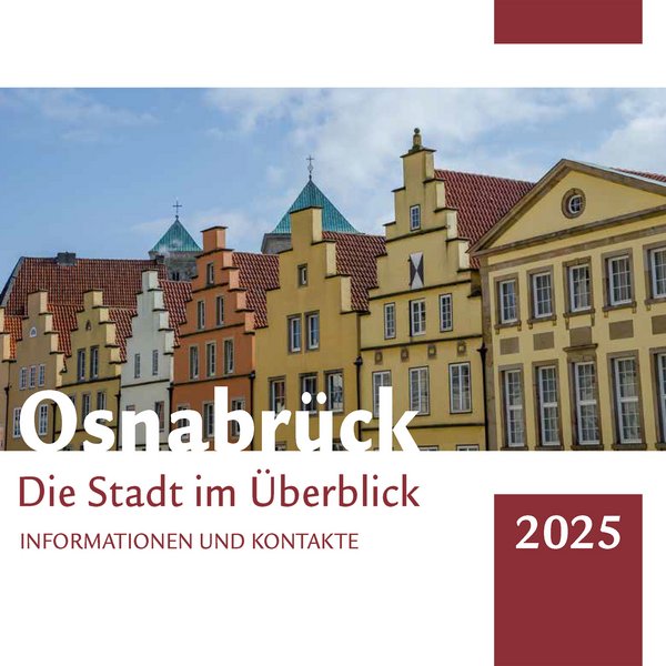 Die Titelseite der Osnabrück-Broschüre „Die Stadt im Überblick“ zeigt die bunten Bürgerhäuser auf dem Marktplatz.
